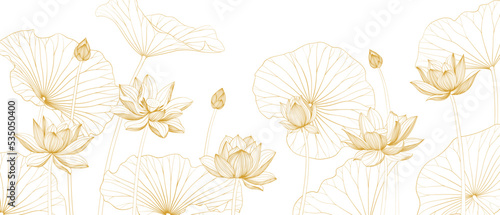 Luxury vector background with lotus flower, leaves and buds. Elegant floral wallpaper in minimalistic linear style.