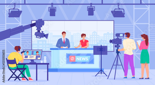 Broadcast journalists studio. Tv newscaster media anchor video translation breaking news show presenter, newsreader cameraman backstage television scene, swanky vector illustration