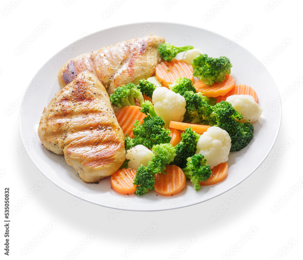 plate of grilled chicken with vegetables on white background