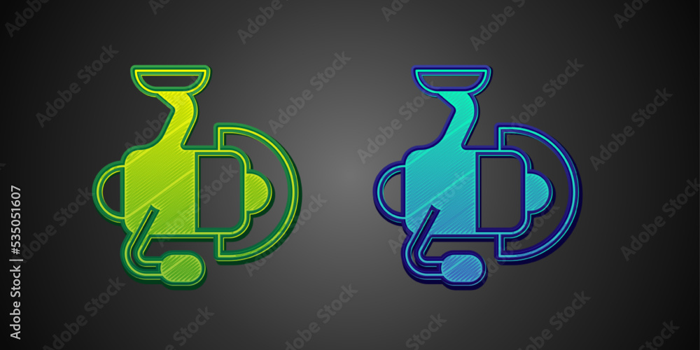 Green and blue Spinning reel for fishing icon isolated on black background. Fishing coil. Fishing tackle. Vector Green and blue Spinning reel for fishing icon isolated on black background. Fishing coil. Fishing tackle. Vector