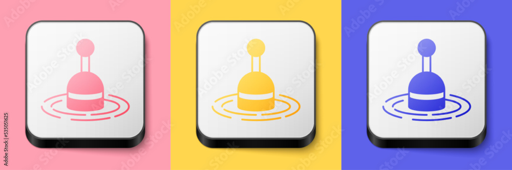 Isometric Fishing float in water icon isolated on pink, yellow and blue background. Fishing tackle. Square button. Vector Isometric Fishing float in water icon isolated on pink, yellow and blue background. Fishing tackle. Square button. Vector