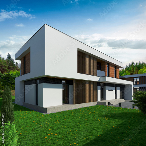 3D visualization of a modern house. House with a flat roof. Modern unique architecture 