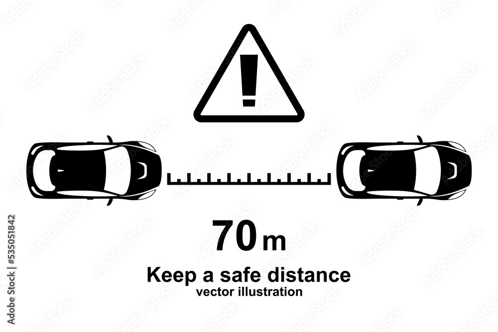 Distance cars black icon. Keep a safe distance. Safety on freeway. Vector illustration flat design. Isolated on background. Web design template. Landing page. Caution and control of vehicle.