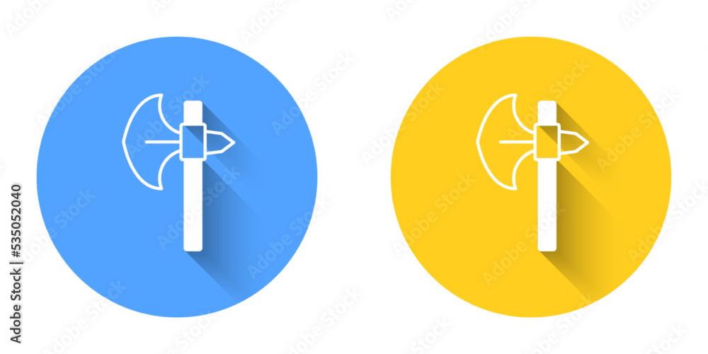 White Medieval axe icon isolated with long shadow background. Battle axe, executioner axe. Medieval weapon. Circle button. Vector White Medieval axe icon isolated with long shadow background. Battle axe, executioner axe. Medieval weapon. Circle button. Vector