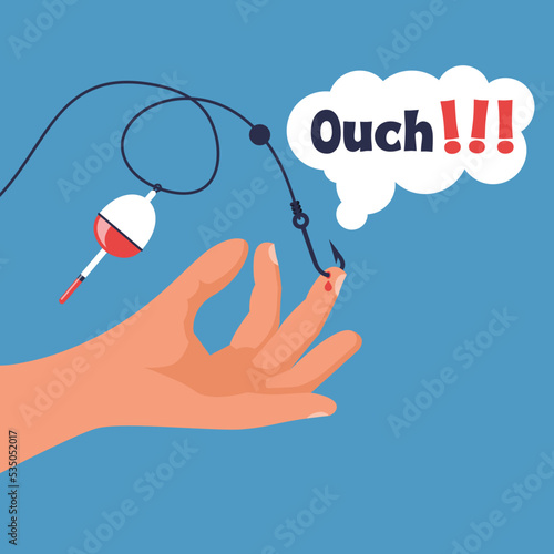 Hook stuck in finger. Man pierced his finger with a fishing hook. Blood wound. Skin damage. Disregard for safety rules. Vector illustration flat design. Isolated on white background.