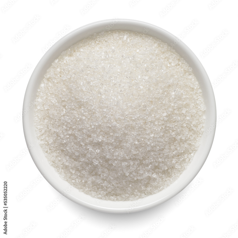 Ταπετσαρία Crystal sugar in round bowl isolated on white. Top view.