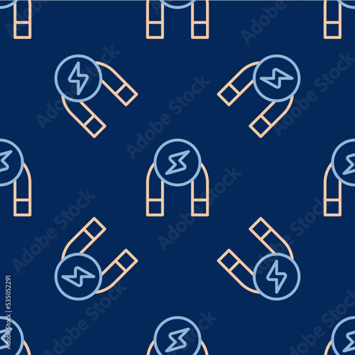 Line Magnet icon isolated seamless pattern on blue background. Horseshoe magnet, magnetism, magnetize, attraction. Vector