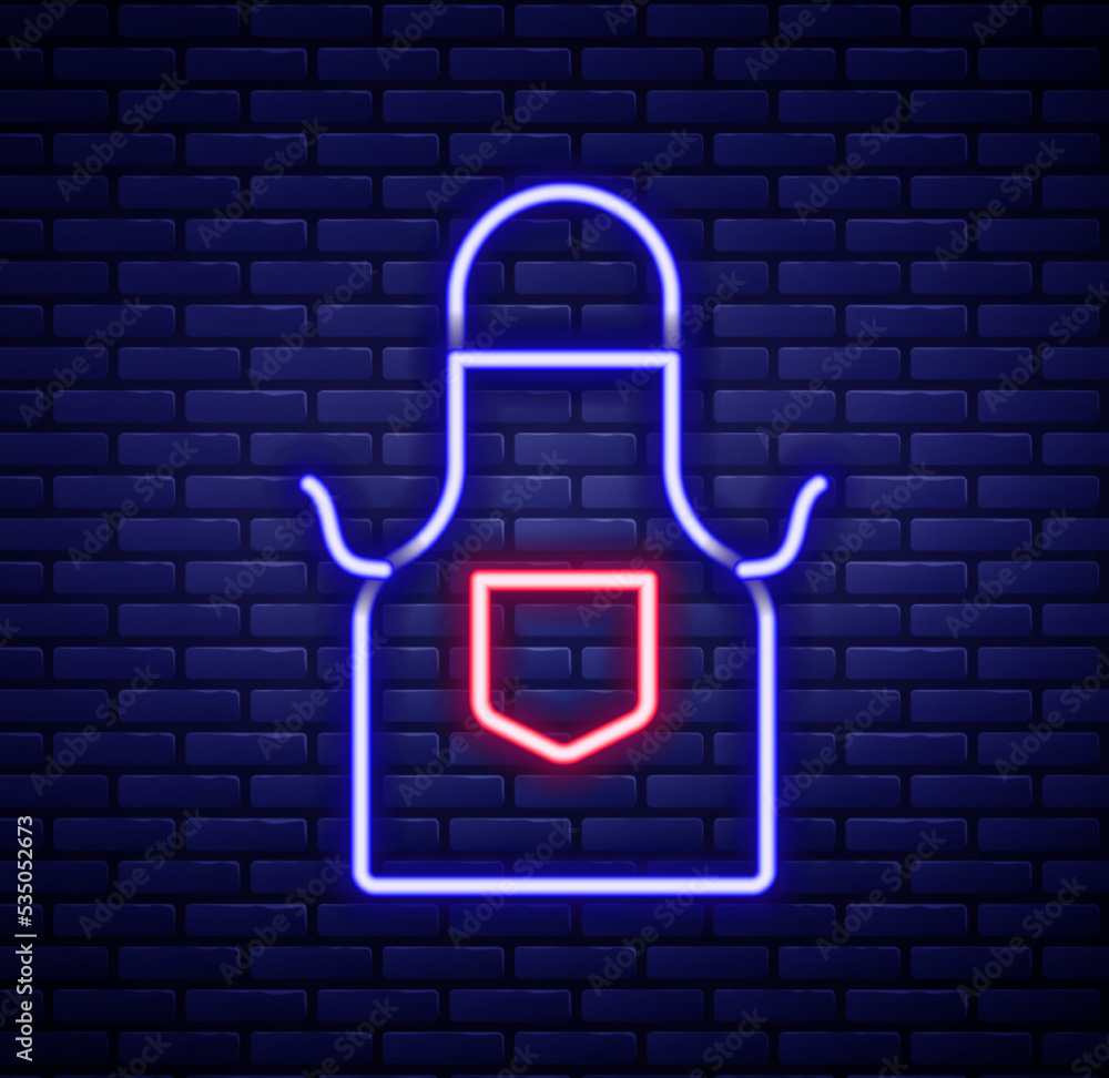 Glowing neon line Kitchen apron icon isolated on brick wall background. Chef uniform for cooking. Colorful outline concept. Vector