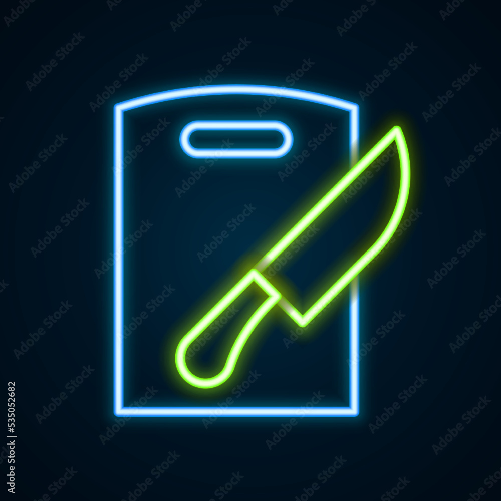 Glowing neon line Cutting board and knife icon isolated on black background. Chopping Board symbol. Cutlery symbol. Colorful outline concept. Vector Glowing neon line Cutting board and knife icon isolated on black background. Chopping Board symbol. Cutlery symbol. Colorful outline concept. Vector
