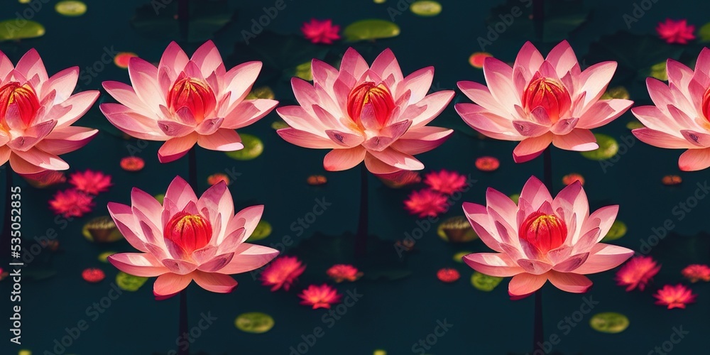computer-generated image of a colorful lotus flower pattern. This is a repeating, seamless pattern that can be used as wallpaper or background to incorporate bright lotus flowers