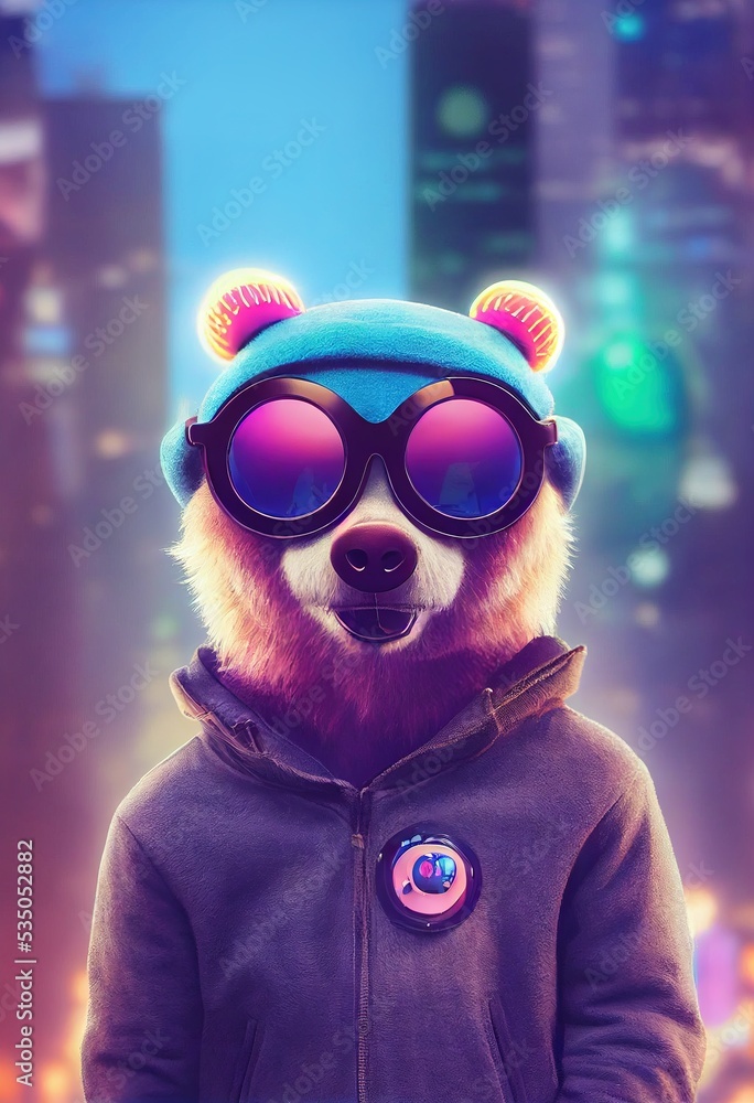 Teddy bear in fancy sunglasses against the backdrop of a modern city
