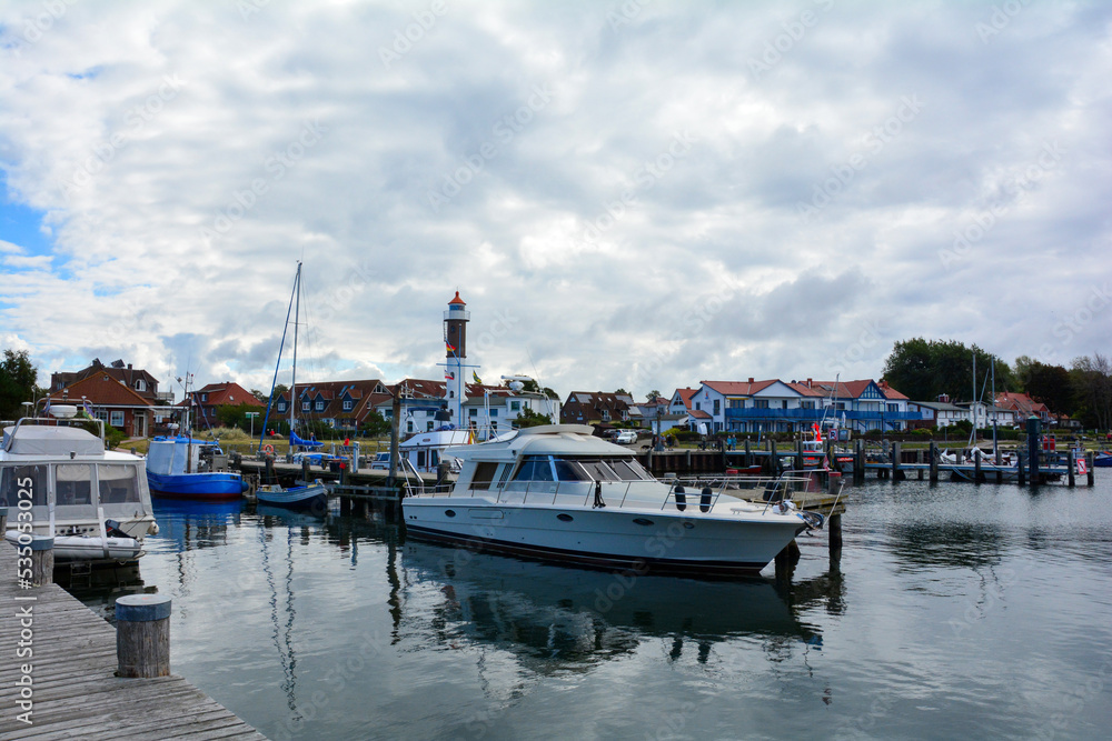 Harbor overlooking Timmendorf Strand, with blue sky, Poel Island, Baltic Sea, Germany