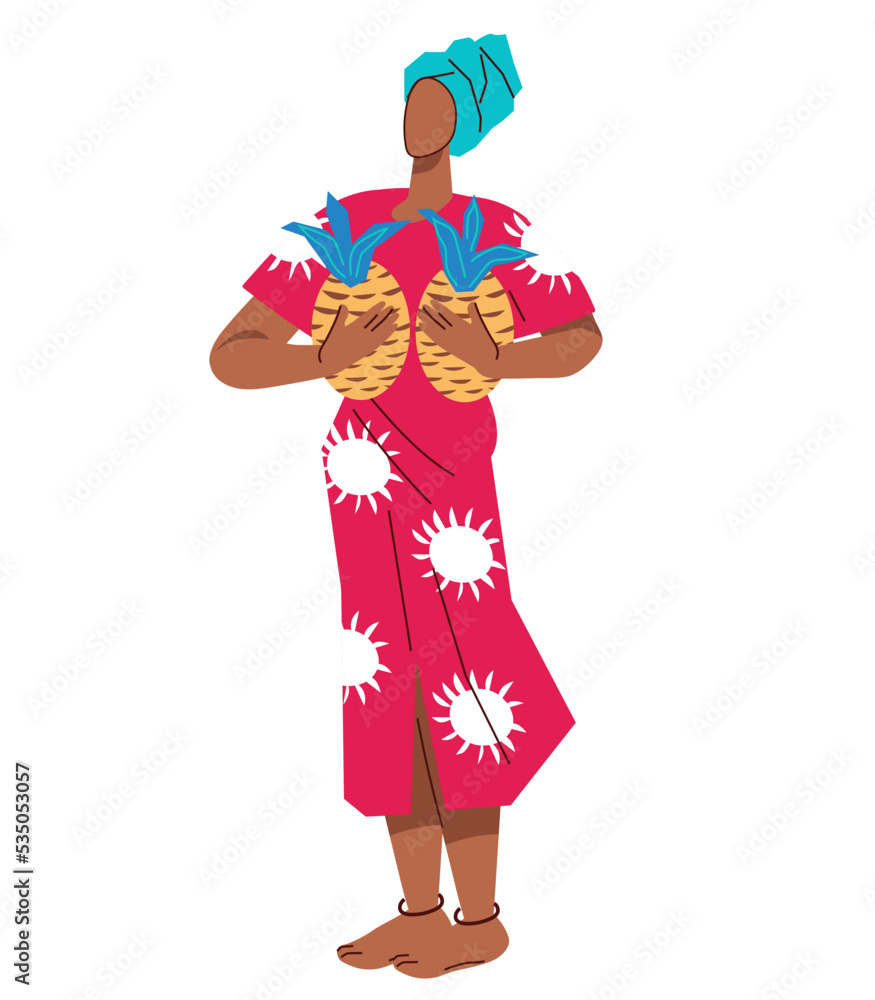 African farmer woman with pineapple fruits, flat cartoon vector illustration isolated on white background. African peasant female character or village woman.