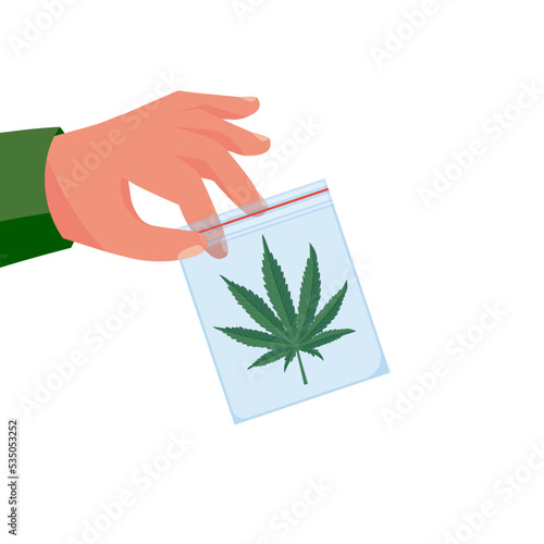 Marijuana in a bag. The drug in the hands of a man. Green cannabis leaves. Organic natural drug. Hemp medical. Vector illustration flat design. Isolated on white background. Green hashish.