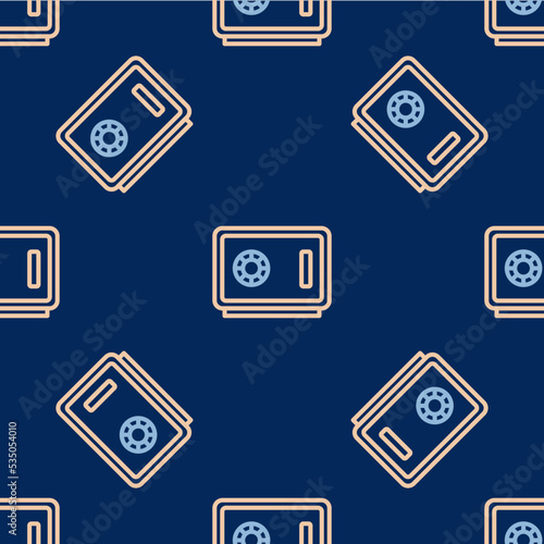 Line Safe icon isolated seamless pattern on blue background. The door safe a bank vault with a combination lock. Reliable Data Protection. Vector