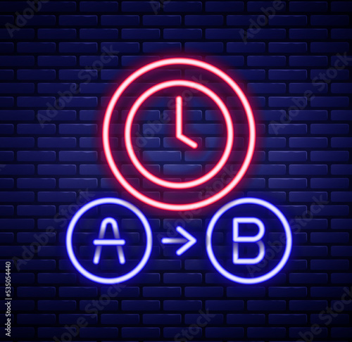 Glowing neon line Taxi waiting time icon isolated on brick wall background. Car deadline, schedule ride. Colorful outline concept. Vector