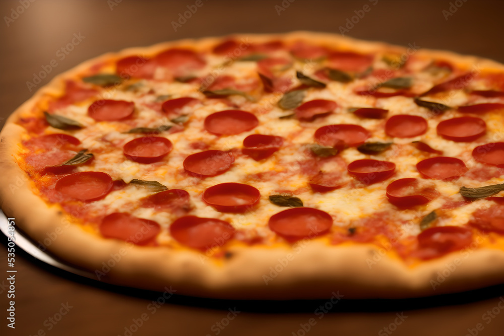 Closeup of delicious, juicy pepperoni pizza with cheese - fatty fast food