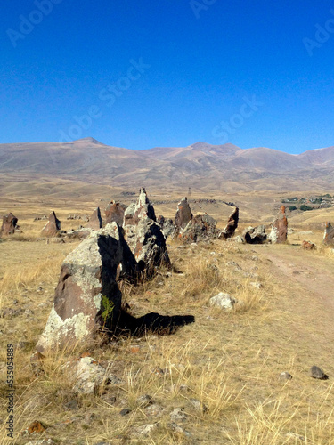 Popular Armenian tourist attraction Carahunge or Karahunj or Qarahunj or Zorats Karer. Prehistoric megalithic complex near the town of Sisian in the Syunik Province of Armenia. Armenian Stonehenge