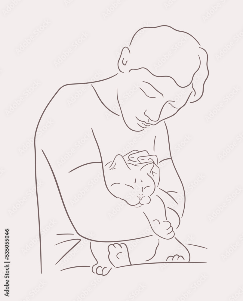 Person strokes cat. Man pets fat cat on his lap. Sketch vector illustration. Pets friendly concept Person strokes cat. Man pets fat cat on his lap. Sketch vector illustration. Pets friendly concept