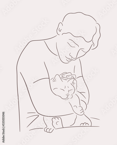 Person strokes cat. Man pets fat cat on his lap. Sketch vector illustration. Pets friendly concept