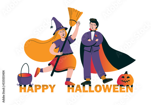 Girl in witch costume and boy in halloween dracula costume. Cute witch with broom and halloween vampire. Happy halloween baner, card, poster. Vector illustration