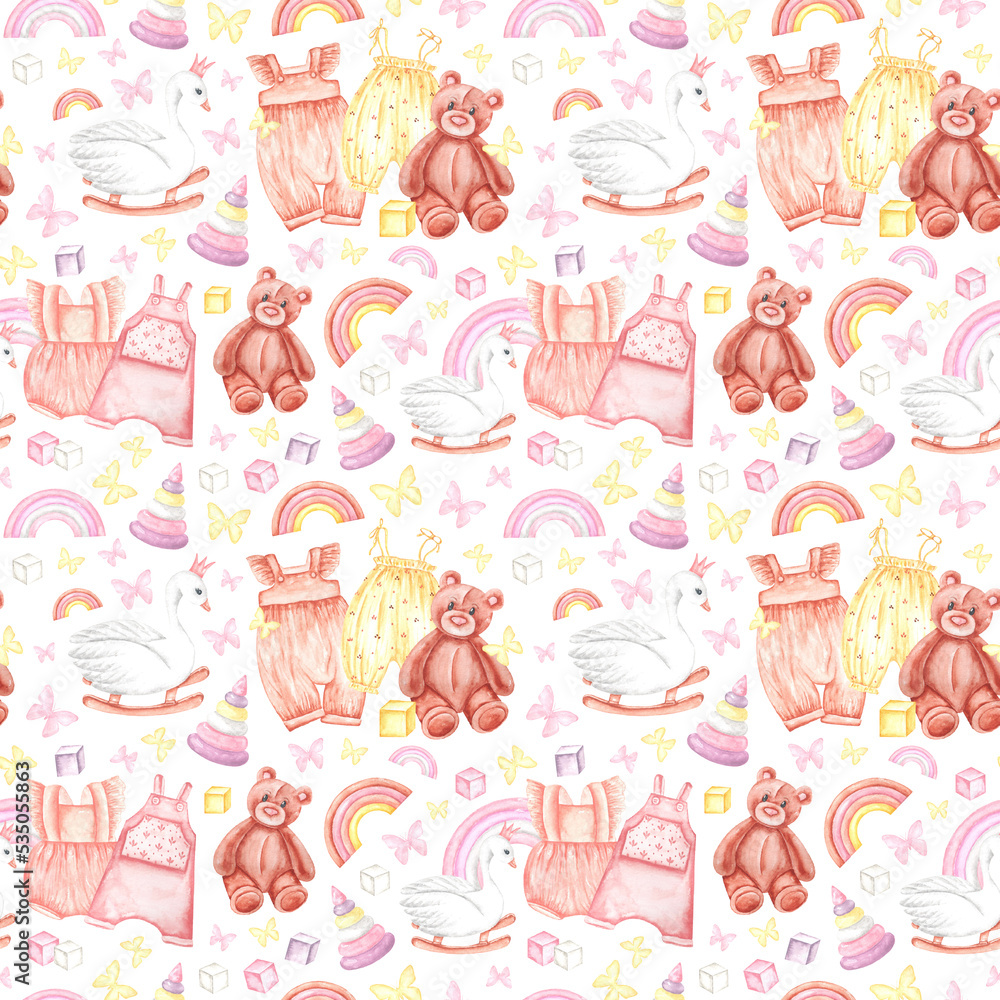Baby toys watercolor seamless pattern. Little girl. Baby girl. Kids toys. Teddy bear. Baby clothes. Baby shower, birthday. White background. For printing on textiles, wrapping paper, postcard, planner