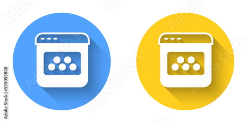 White Taxi mobile app icon isolated with long shadow background. Mobile application taxi. Circle button. Vector