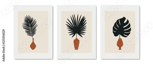 Set of tropical leaves in vases in boho style. Minimalistic illustration in earthy tones for decorating walls, booklets, postcards. Drawn by hand.