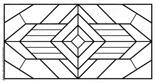 Vector sketch of a stained glass window. Geometric pattern. Abstract stained glass background. Art Deco decor for luxury modern interior. Ornament template for design. Fence. Iron railing.