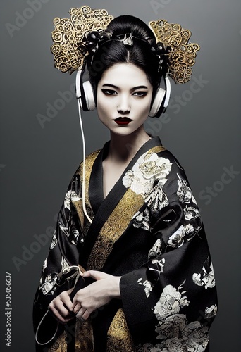 Fotografija A young beautiful geisha in a kimono and headphones
