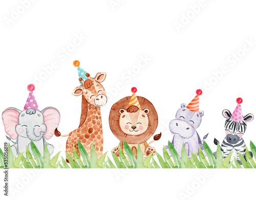 Canvas Print Watercolor birthday animals border isolated on white background.