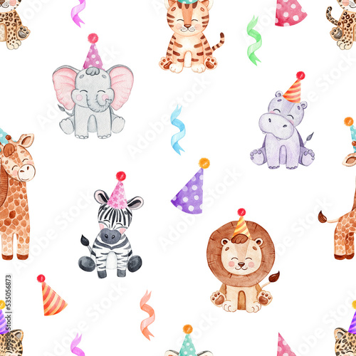 Photography Watercolor party animals seamless pattern on white background