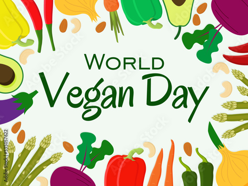 World Vegan Day colorful vector background with vegetables and nuts