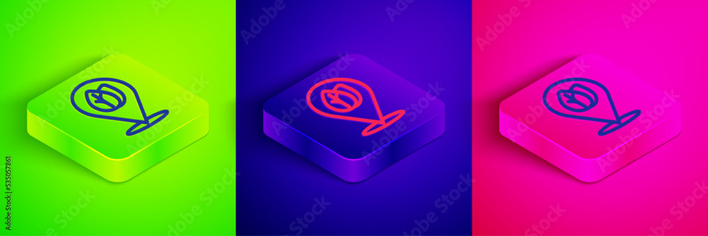 Isometric line Location pin with leaf inside icon isolated on green, blue and pink background. Leaves sign. Fresh natural product symbol. Square button. Vector Isometric line Location pin with leaf inside icon isolated on green, blue and pink background. Leaves sign. Fresh natural product symbol. Square button. Vector