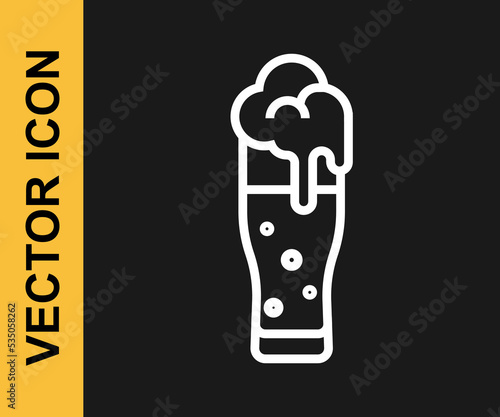 White line Glass of beer icon isolated on black background. Happy Saint Patricks day. National Irish holiday. Vector