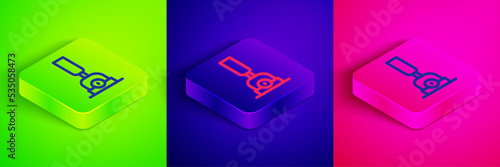 Isometric line Arrow for switching the railway icon isolated on green, blue and pink background. Old railway tracks. Square button. Vector