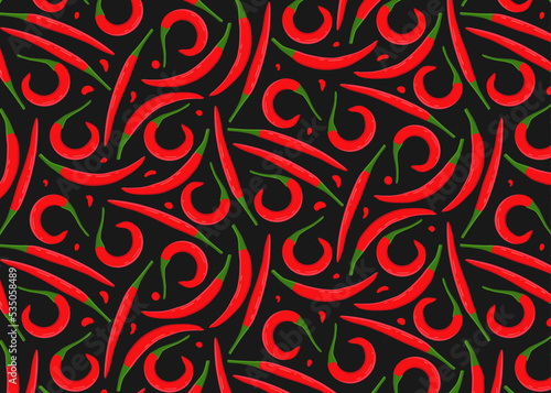 Red chilli pepper seamless pattern on a contrast black background
