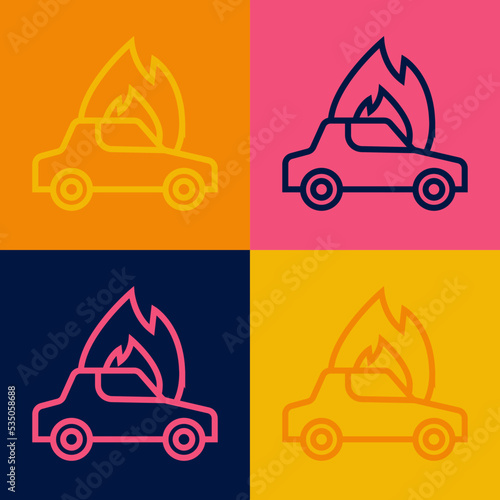 Pop art line Burning car icon isolated on color background. Car on fire. Broken auto covered with fire and smoke. Vector photo