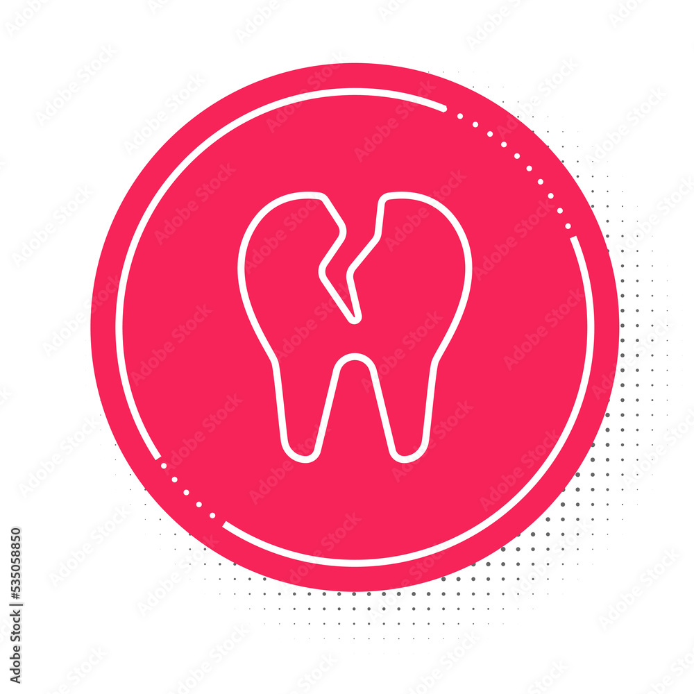White line Broken tooth icon isolated on white background. Dental problem icon. Dental care symbol. Red circle button. Vector White line Broken tooth icon isolated on white background. Dental problem icon. Dental care symbol. Red circle button. Vector