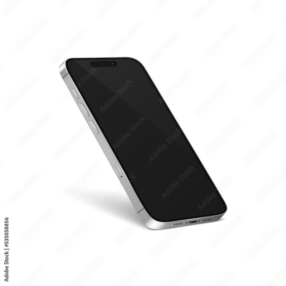 Vector 3d Realistic Silver Steel Modern Smartphone Design Template with Black Screen. Mobile Phone Isolated. Telephone Device UI UX, Phone in Half Turn View Vector 3d Realistic Silver Steel Modern Smartphone Design Template with Black Screen. Mobile Phone Isolated. Telephone Device UI UX, Phone in Half Turn View