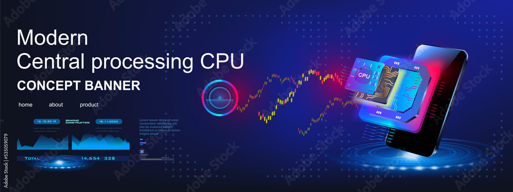 CPU. New generation computer processor. Innovative chip for processing large amounts of streaming information. Processor on futuristic background with mobile phone. Advanced internet technologies