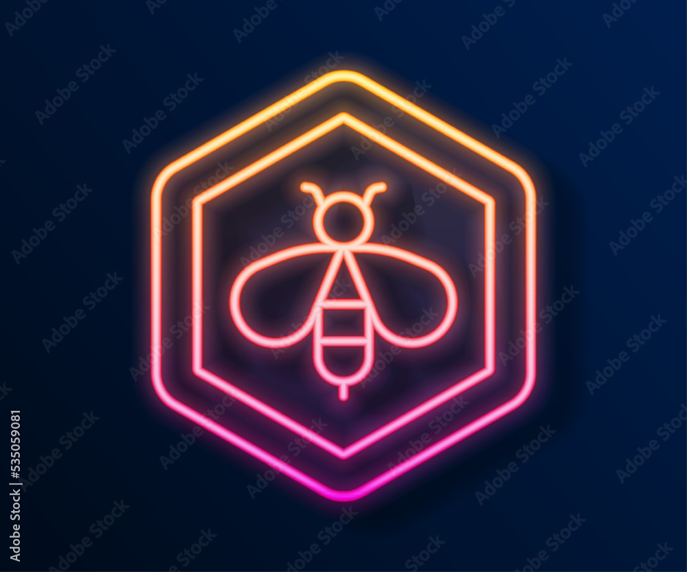 Glowing neon line Bee and honeycomb icon isolated on black background. Honey cells. Honeybee or apis with wings symbol. Flying insect. Sweet natural food. Vector Glowing neon line Bee and honeycomb icon isolated on black background. Honey cells. Honeybee or apis with wings symbol. Flying insect. Sweet natural food. Vector