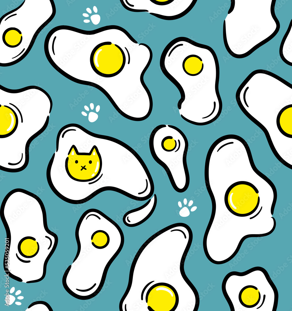 Seamless pattern with fried eggs and yolk in shape of cat face and body.