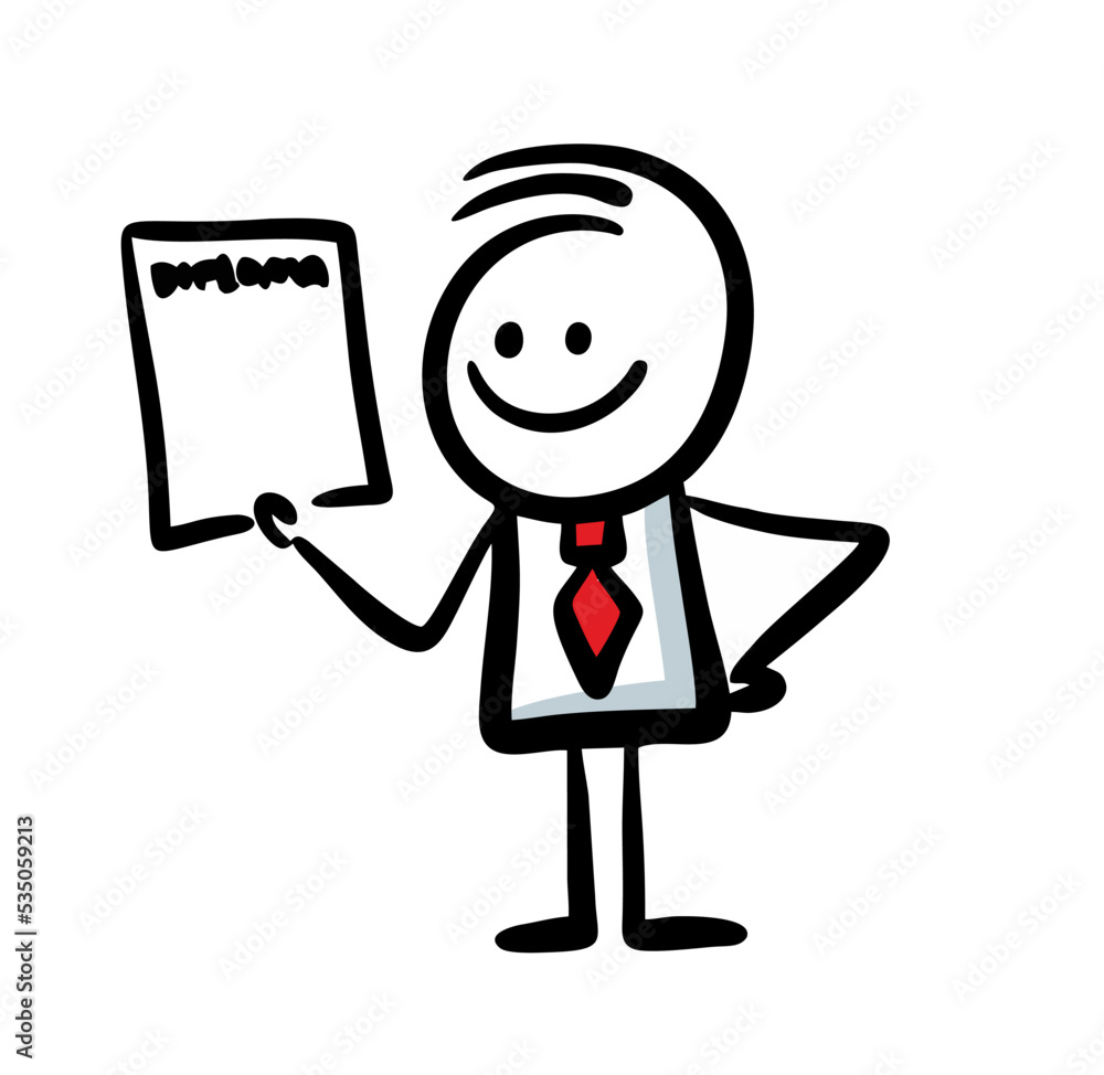 Funny doodle man in red tie showing the paper.