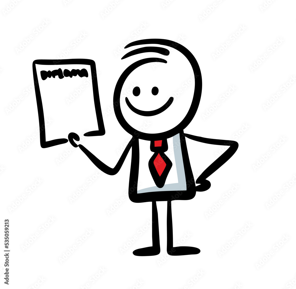 Funny doodle man in red tie showing the paper. Funny doodle man in red tie showing the paper.