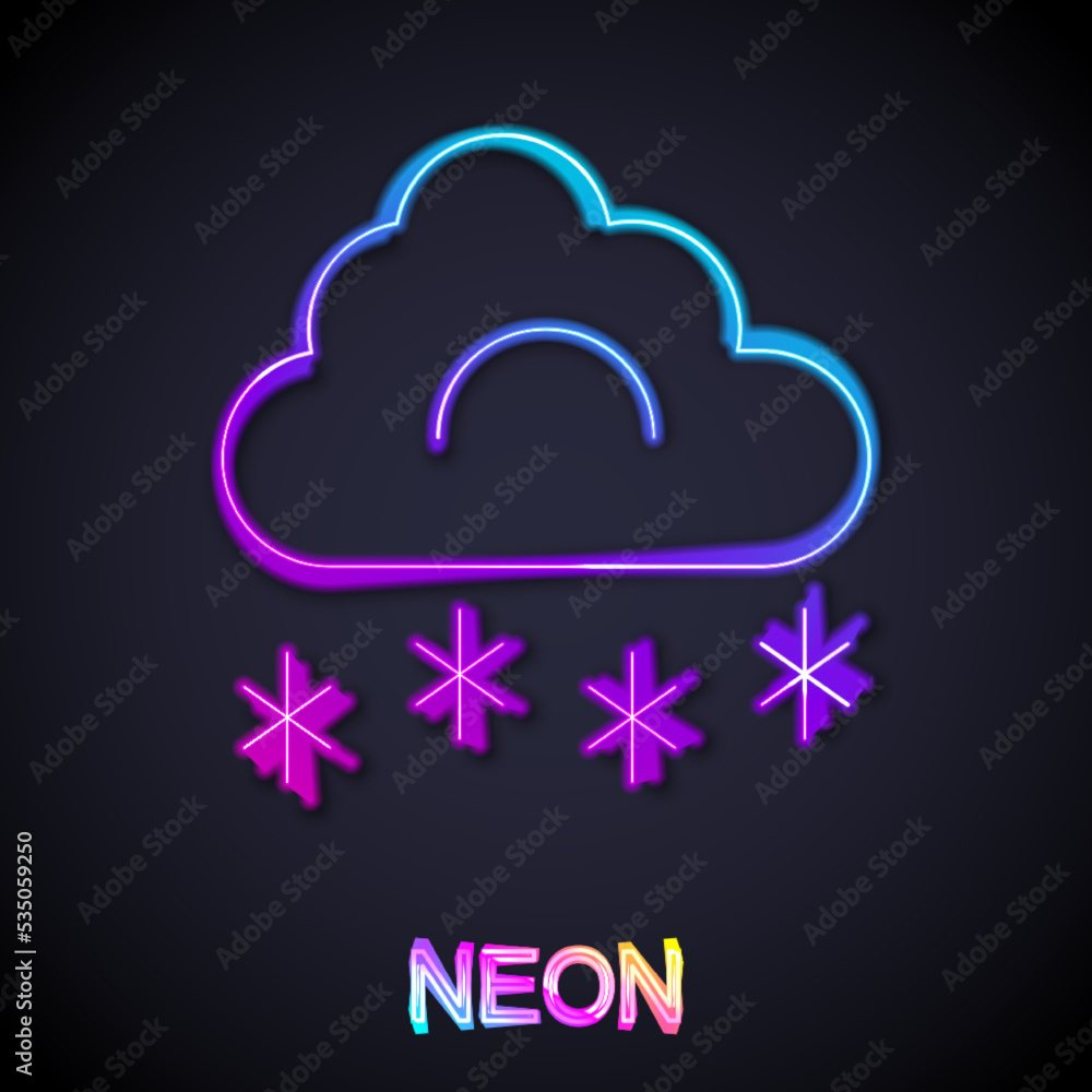 Glowing neon line Cloud with snow icon isolated on black background. Cloud with snowflakes. Single weather icon. Snowing sign. Vector Glowing neon line Cloud with snow icon isolated on black background. Cloud with snowflakes. Single weather icon. Snowing sign. Vector