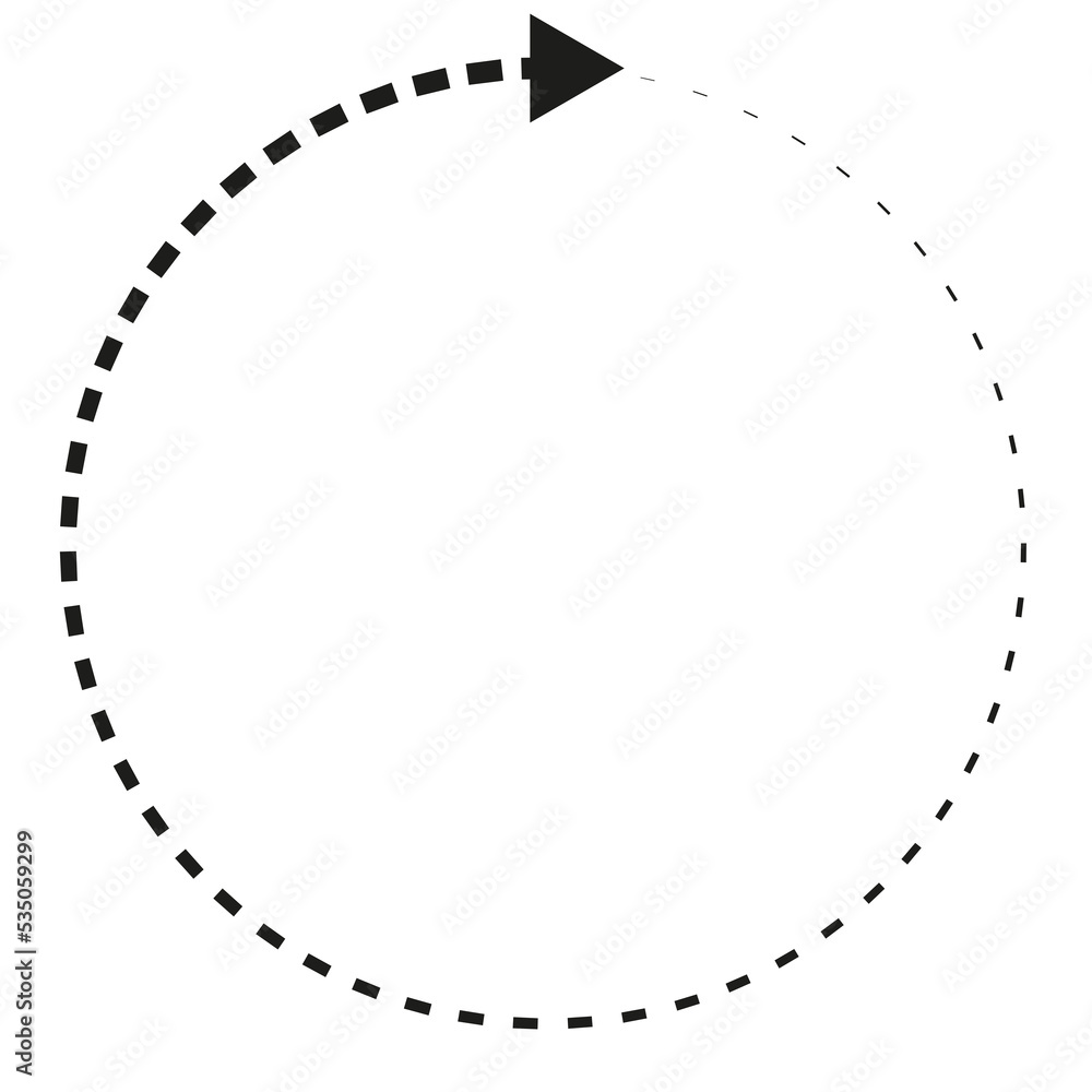 Black circle, dashed line, one arrow. Flat design element. Isolated png illustration, transparent background. Asset for overlay, montage, collage, presentation. - obrazy, fototapety, plakaty 
