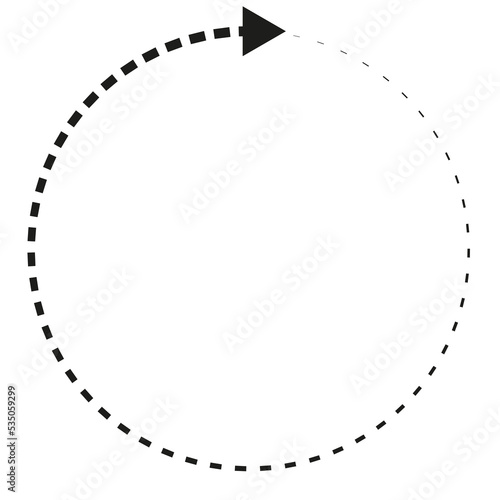 Black circle, dashed line, one arrow. Flat design element. Isolated png illustration, transparent background. Asset for overlay, montage, collage, presentation.
