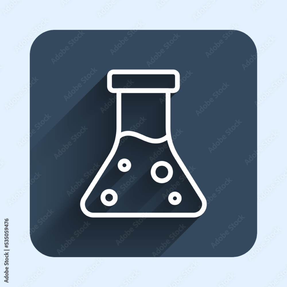 White line Oil petrol test tube icon isolated with long shadow background. Cmemistry flask and falling drop. Blue square button. Vector White line Oil petrol test tube icon isolated with long shadow background. Cmemistry flask and falling drop. Blue square button. Vector
