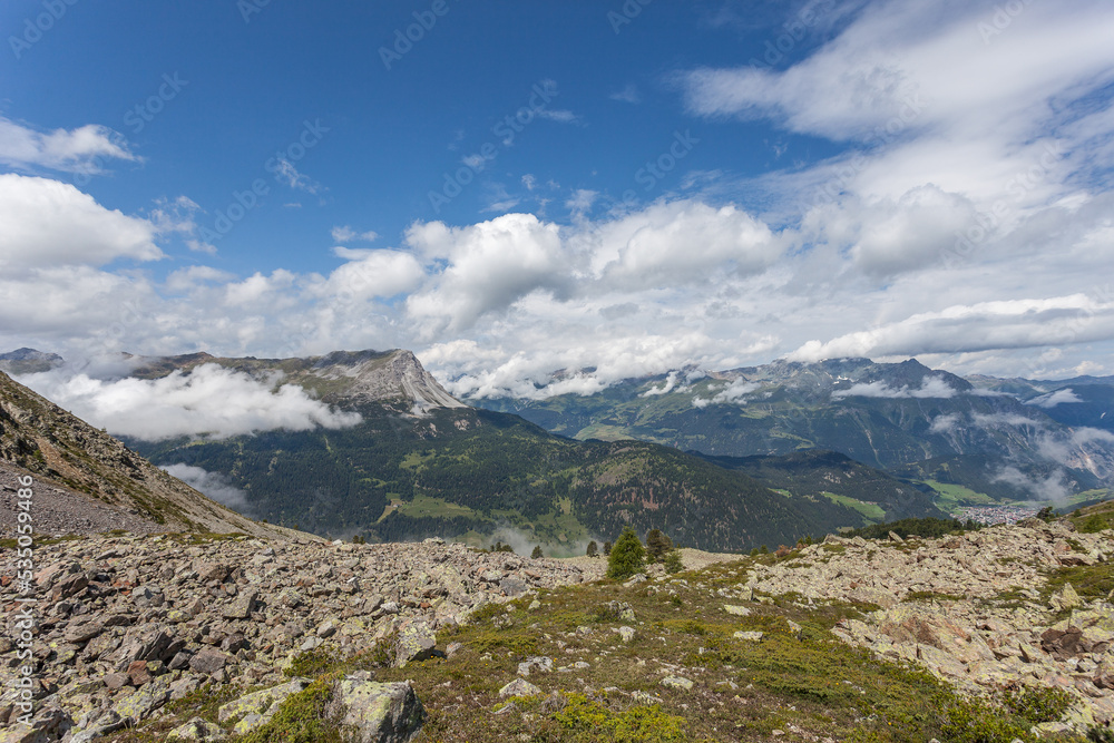 Majestic summer alpine panorama on the border between Switzerland, Italy and Austria. Resia Pass, Alto Adige Sudtirol, Italy